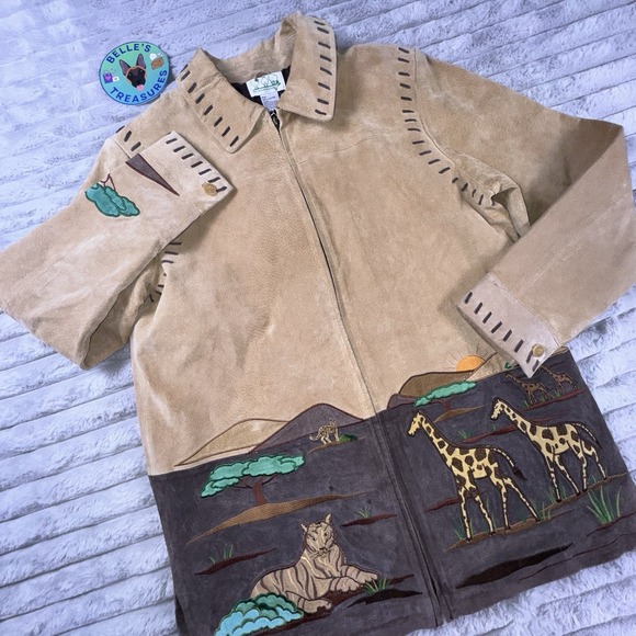 VTG Quacker Factory Small Brown Suede Leather Safari Jacket Coat Animals Western - Picture 1 of 11